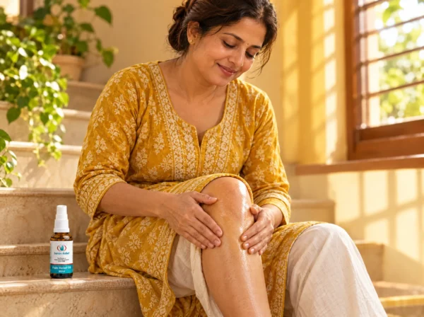 Woman on the stairs rubbing Sanan Pain Oil into her knee in morning light