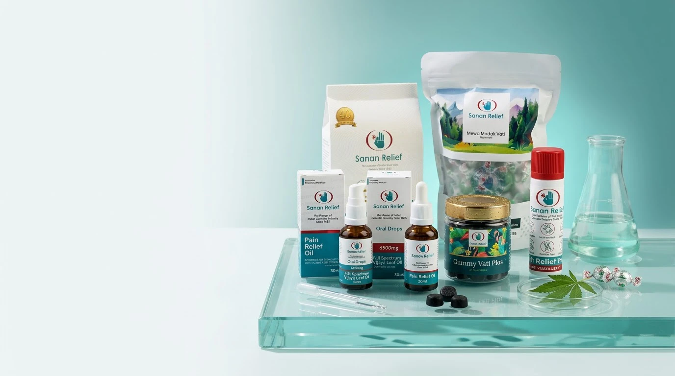 Sanan Relief range – Pain Relief Oil, Oral Drops, Gummy Vati Plus, Gummy Vati Gold and Mewa Modak Vati on a glass lab bench